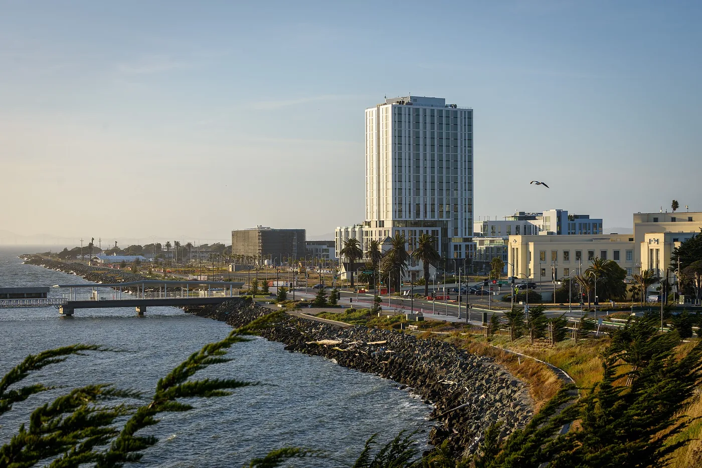 Treasure Island 的滨水步道、渡轮码头与傍晚建筑