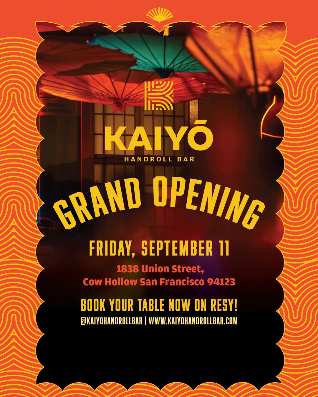 Kaiyō Handroll Bar 官方開業慶典海報，標註 9 月 11 日與 Union Street 地址
