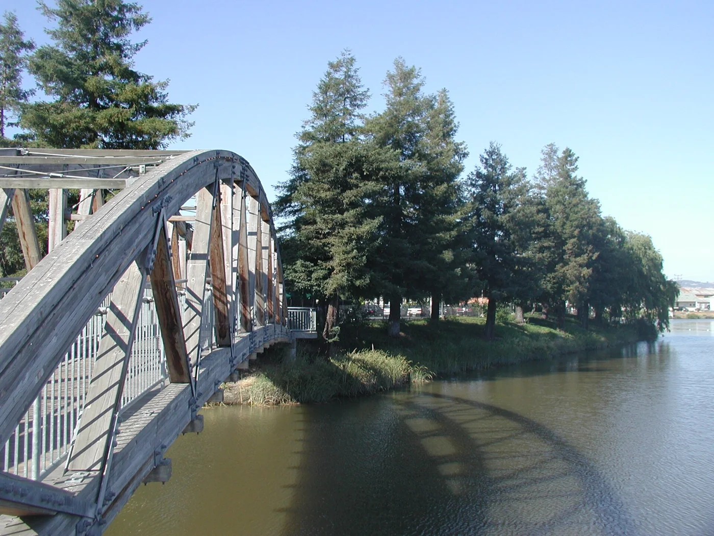 A wooden pedestrian bridge and trees along the Petaluma River
