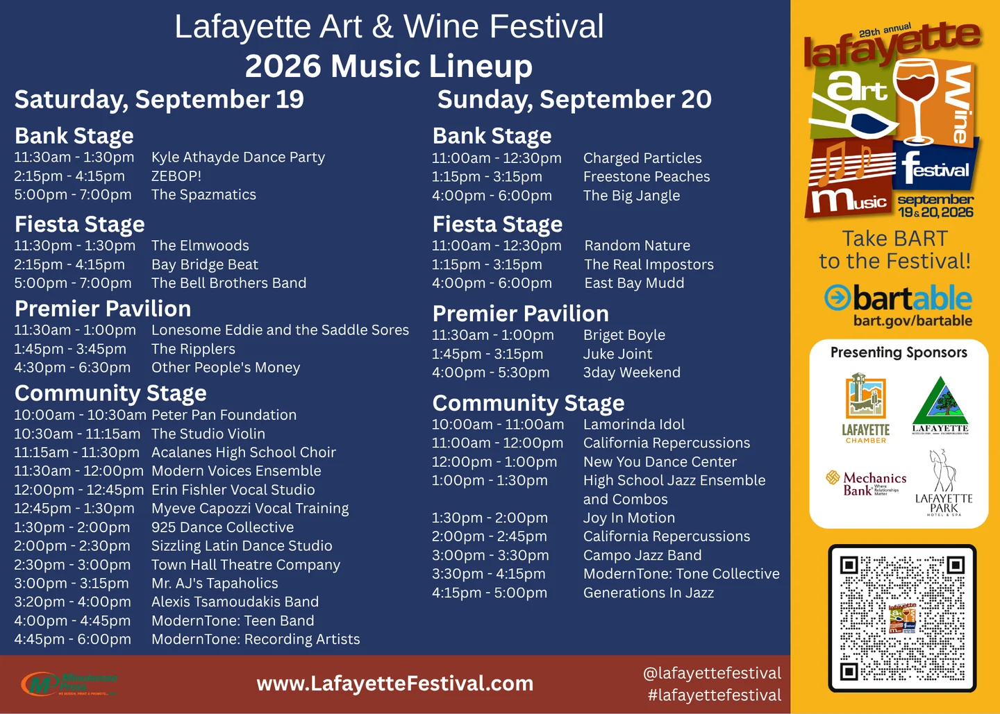 Lafayette Art & Wine Festival 2026 官方两日音乐日程图