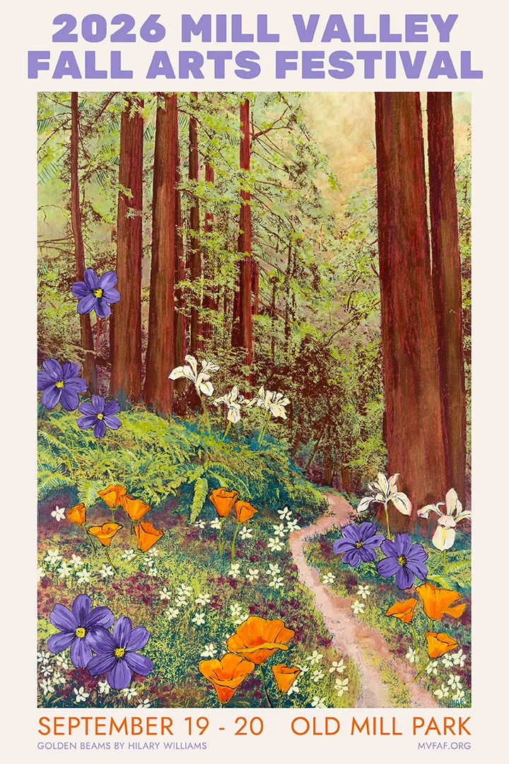 2026 Mill Valley 秋季艺术节官方海报，红杉林与紫色花朵