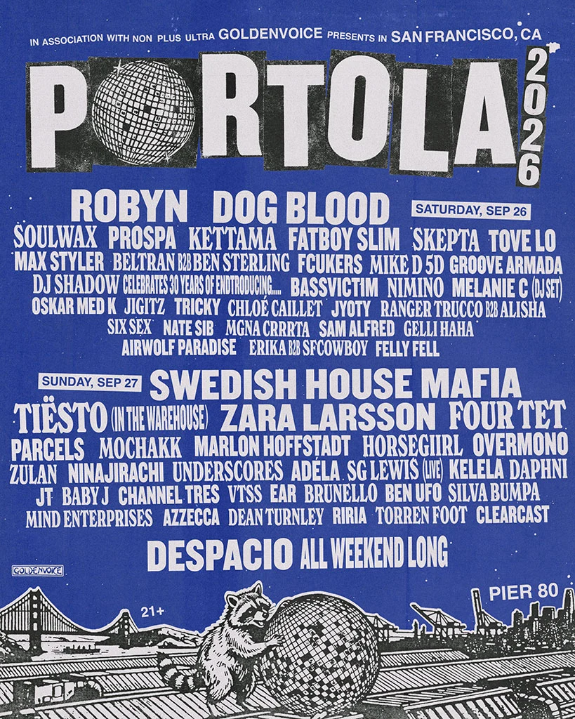 Portola 2026 官方阵容海报，蓝色背景、银色字体与抱着镜球的浣熊