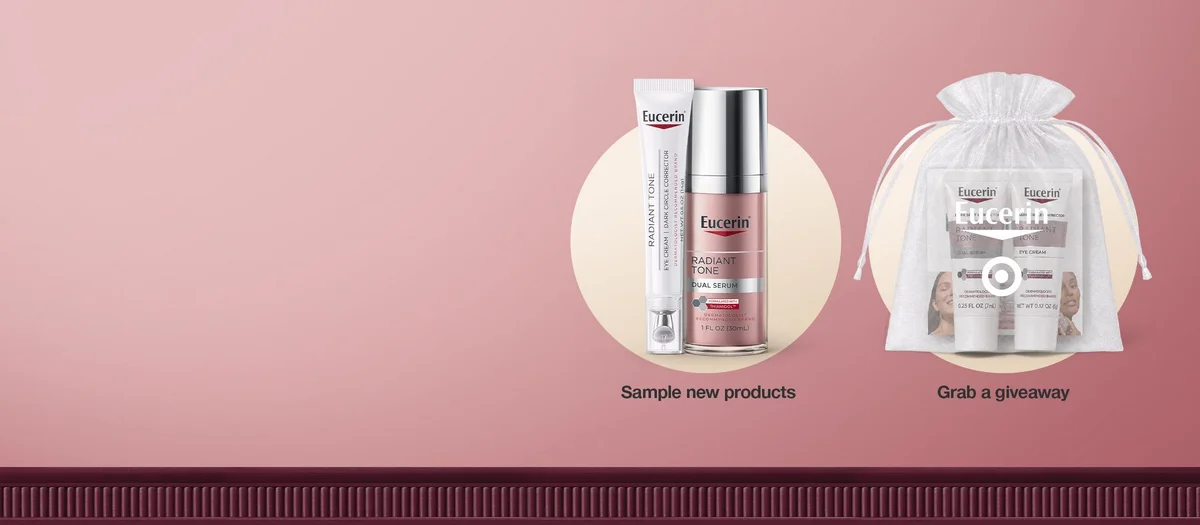 Target 官方 Eucerin 活动图，展示 Radiant Tone 精华、眼霜与试用装袋