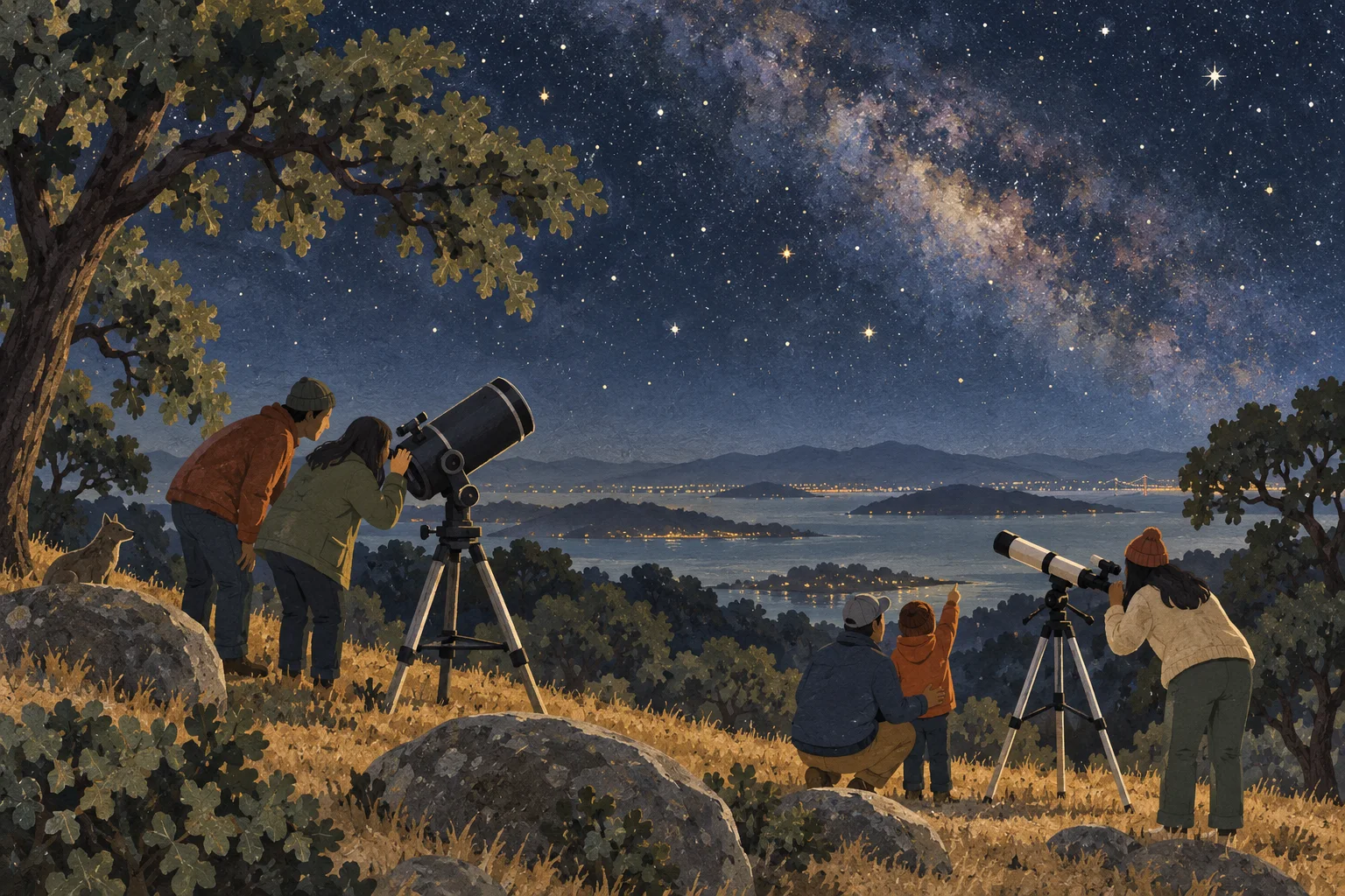 成年人和亲子家庭在橡树林山坡用望远镜观察星空的插画