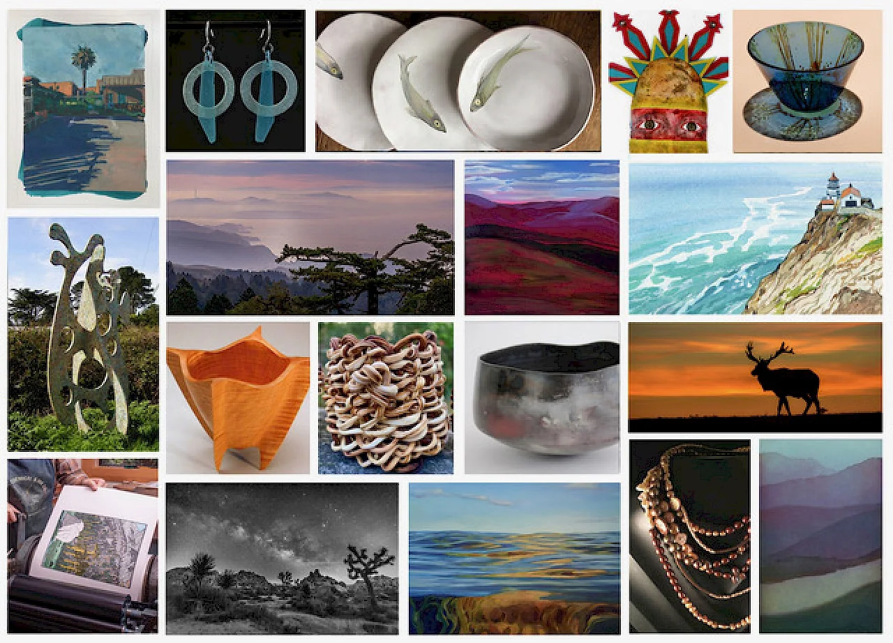 Point Reyes Open Studios 推广资料中的绘画、陶艺、首饰与雕塑拼图