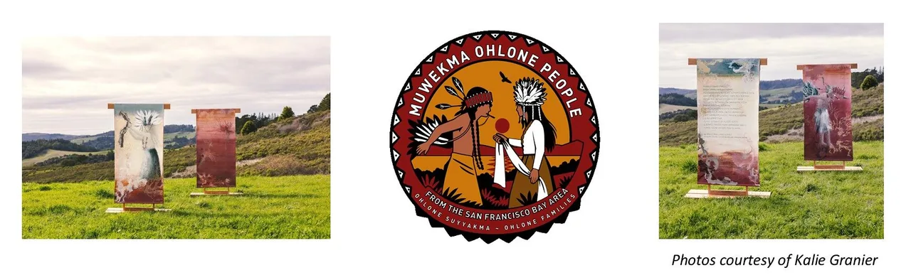 橫幅：草坡上兩幅掛毯的照片，中間是 Muwekma Ohlone People 徽標