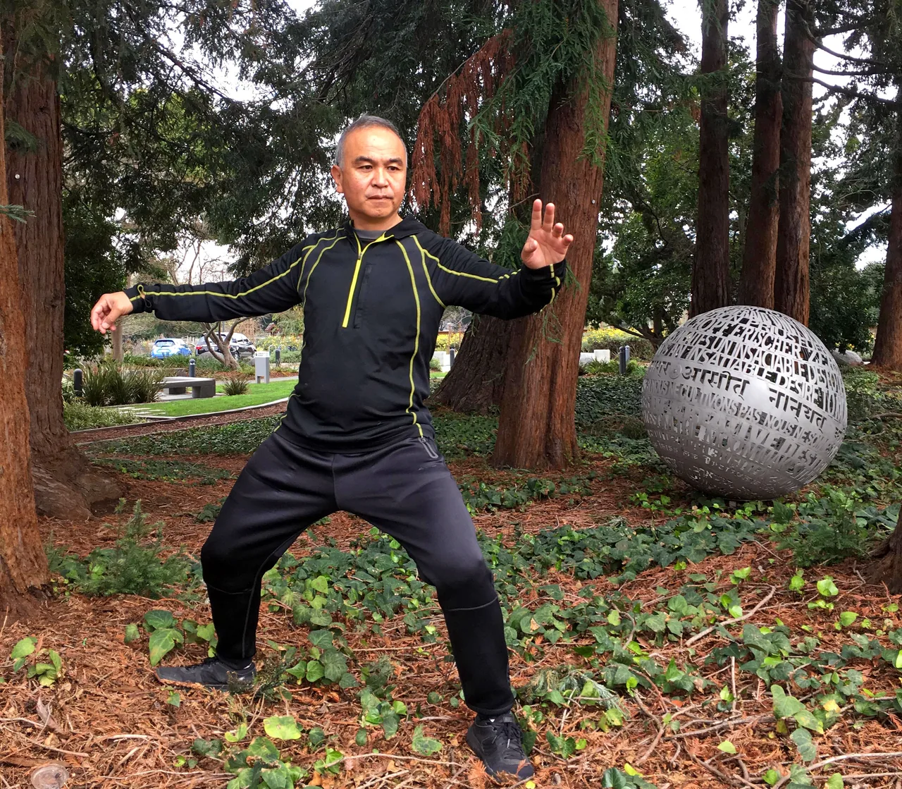 紅杉樹下，一位穿黑色運動服的男士擺出太極拳姿勢，旁邊是金屬球雕塑