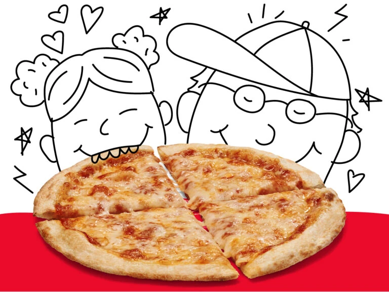 MOD Pizza 官方儿童披萨宣传图，芝士披萨与儿童线描图案